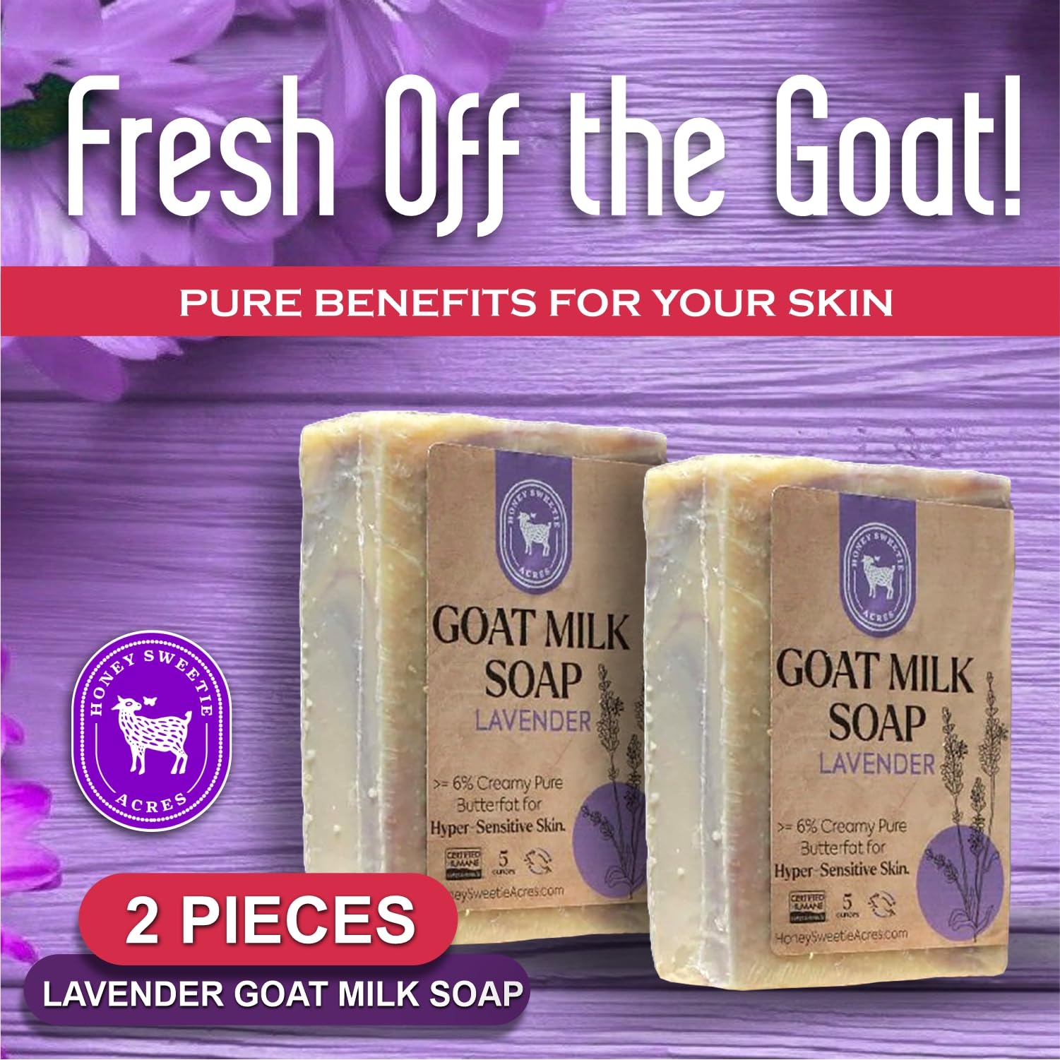 Honey Sweetie Acres 2-Pack Lavender Goat Milk Soap - Handmade 5 oz Bar, Made with Natural Ingredients, Moisturizing & Gentle, Made in the USA